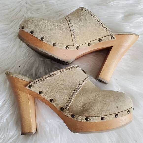 Steve Madden Faris Suede Studded Clogs Mules Wooden Heels SZ 8 - Picture 1 of 13